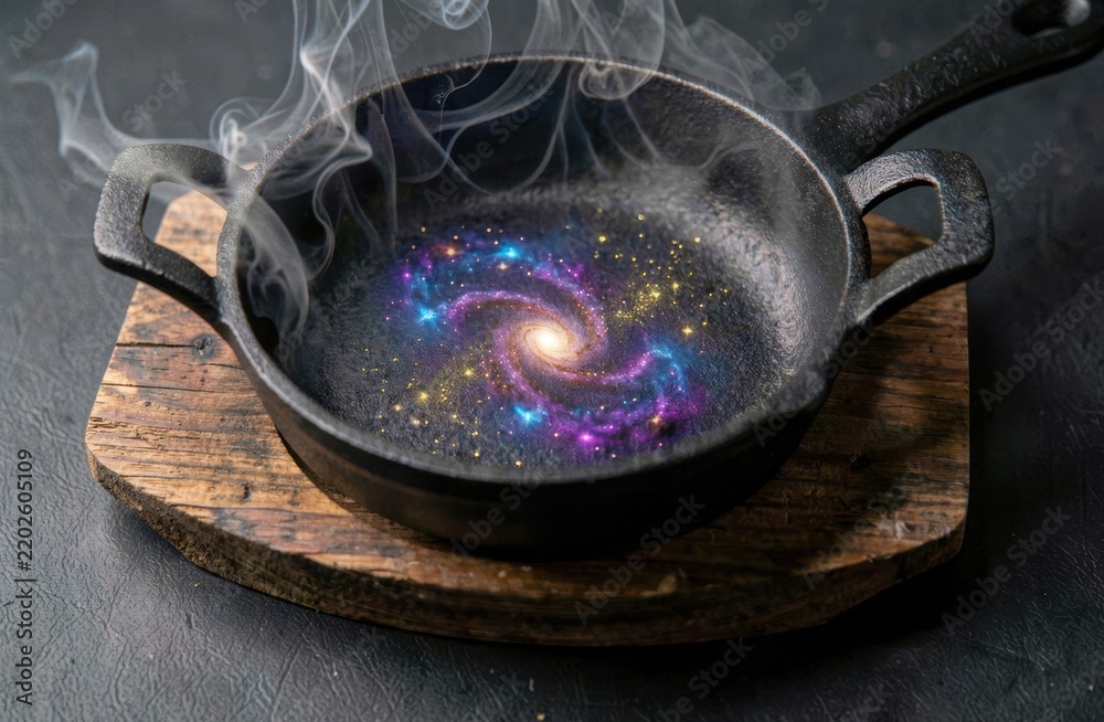 Fototapeta premium A swirling galaxy sits inside a hot cast iron skillet