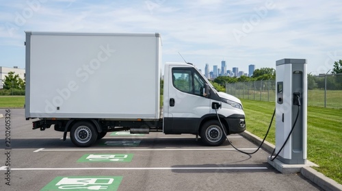 White Commercial Electric Delivery Truck Charging At Public Station With City Skyline For Green Logistics