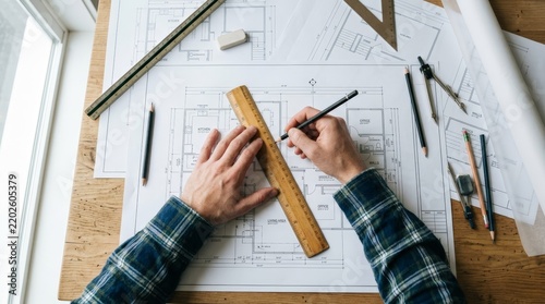 Architect Drafting Architectural Blueprint and Floor Plan with Ruler and Pencil for Building Construction Project