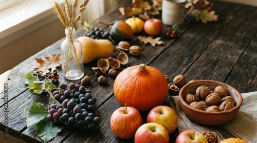 Autumn Harvest Still Life with Pumpkin Apples Grapes Walnuts and Wheat on Rustic Wooden Table for Thanksgiving Background
