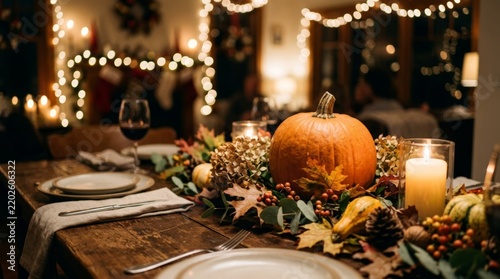 Cozy Thanksgiving Dinner Table Setting with Autumn Pumpkin Centerpiece Candles and Glowing Bokeh Lights for Festive Holiday Celebration
