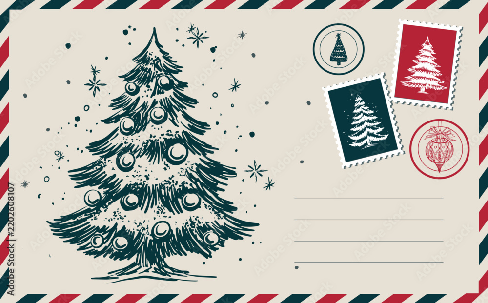 Fototapeta premium Christmas and New Year postcard with tree, hand drawn 