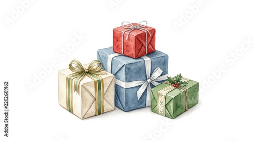 Watercolor Christmas Gift Boxes Illustration with Ribbons and Bows Isolated on White Background for Holiday Greeting Cards