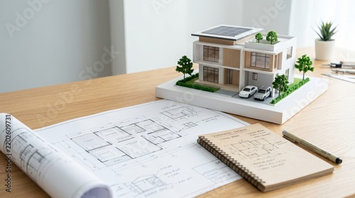 Modern House Architectural Model with Blueprints and Floor Plans on Architect Desk for Sustainable Real Estate Development