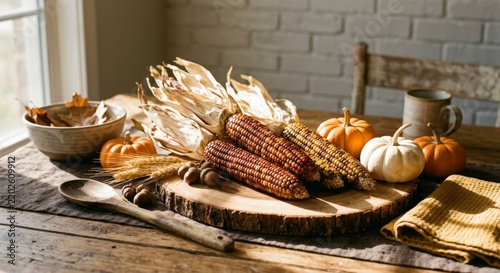Rustic Autumn Harvest Still Life with Indian Corn, Mini Pumpkins, Acorns and Wheat on Wooden Table for Thanksgiving Decor