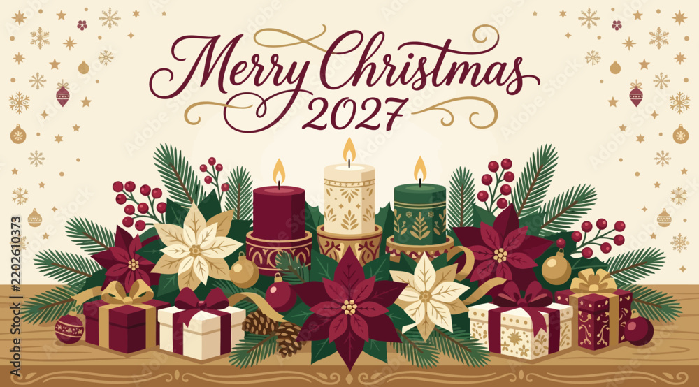 Fototapeta premium Merry christmas 2027 festive greeting card with candles, poinsettia flowers, pine branches, and gift boxes on a wooden table