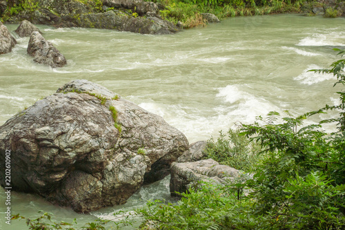 Moss-covered boulder beside the river in Mitake Gorge, Ome, Tokyo