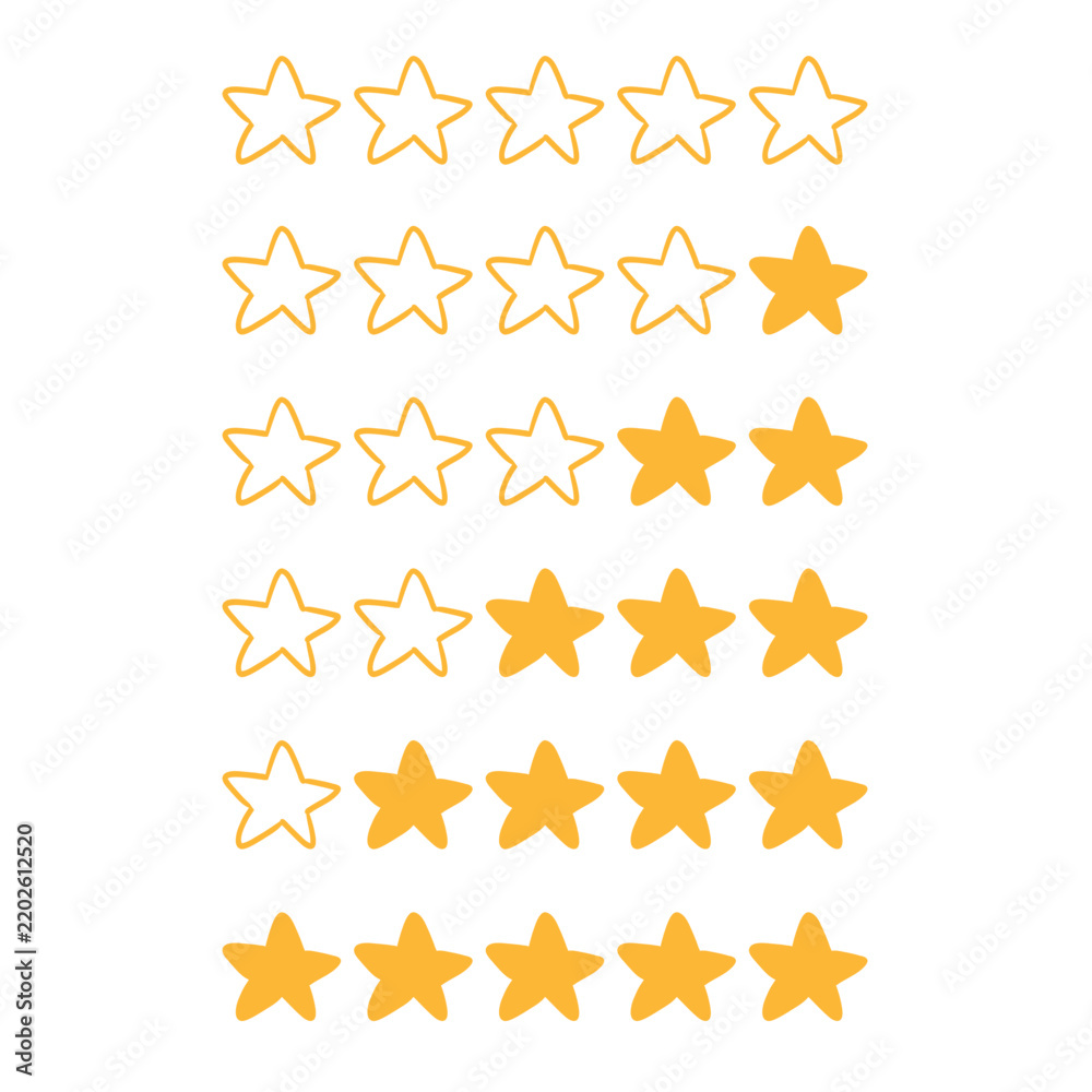Fototapeta premium Hand drawn star rating scale with golden outlined and filled stars for reviews and evaluations.