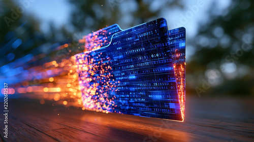 High-tech 3D file folder surrounded by flowing binary code streams, edges of the folder dissolving into luminous digital particles that travel through cyberspace, abstract data migration and informa