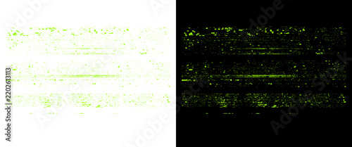 Glitch texture effect with green digital noise, distorted signal lines on black and white backgrounds, abstract electronic interference pattern