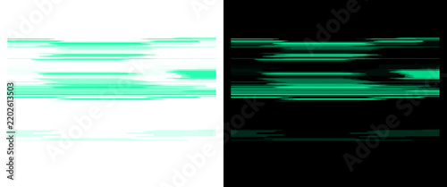 Abstract green motion blur lines on white and black background, horizontal speed light trails, futuristic digital glitch texture for technology design