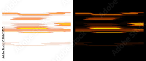 Abstract motion blur light trails, horizontal orange and gold speed lines on black and white background, dynamic energy streaks for technology and racing