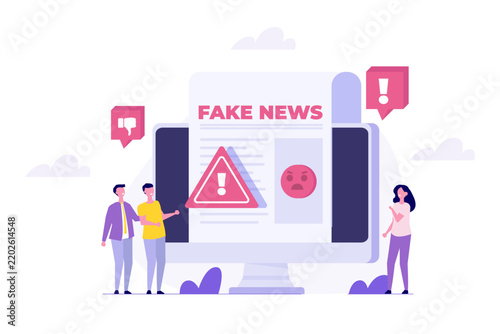 Fake news verification concept, analyzing false information, misinformation, disinformation, propaganda and social media hoax, vector illustration