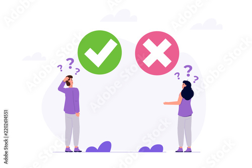 Difficult decision concept with Pass and Fail buttons, choice, selection, evaluation and decision making, vector illustration