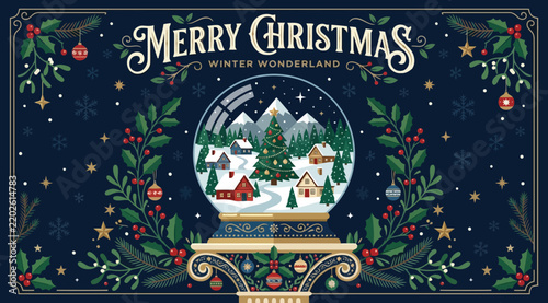 Merry christmas winter wonderland vector illustration with snow globe, snowy village, mountains, ornate frame, holly branches, and festive decorations on dark blue background