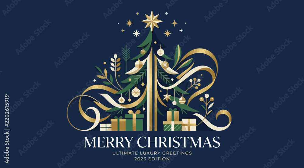 Obraz premium Merry christmas 2024 edition greeting card with a stylized christmas tree made of flowing gold ribbons and ornaments on a dark blue background
