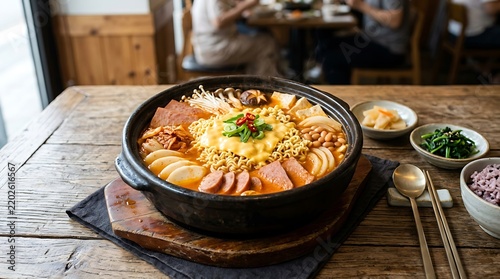 Budae jjigae featuring spicy sausage and ramen noodles sits on a rustic wooden restaurant table.