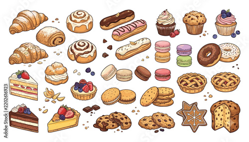 Hand Drawn Bakery and Dessert Collection with Croissants, Cookies, Cupcakes, Donuts, Macarons, Cakes, Pastries and Bread Illustrations