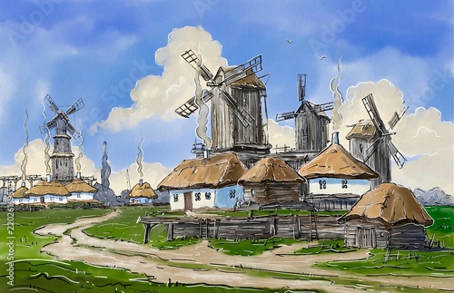 Fantastic non-existent composition, concept. Rural countryside landscape with old wooden windmills, traditional huts and blue sky