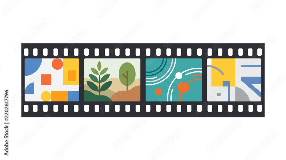 Fototapeta premium Film strip with four distinct abstract and nature inspired frames showcasing geometric shapes and organic forms in vibrant colors PNG Isolated on transparent background