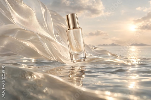 Luxury Perfume Bottle, Flowing Fabric, Golden Sunset Water