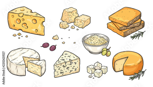 Hand Drawn Cheese Collection with Swiss, Brie, Blue Cheese, Cheddar, Cheese Curds, Sandwiches and Dairy Food Illustrations