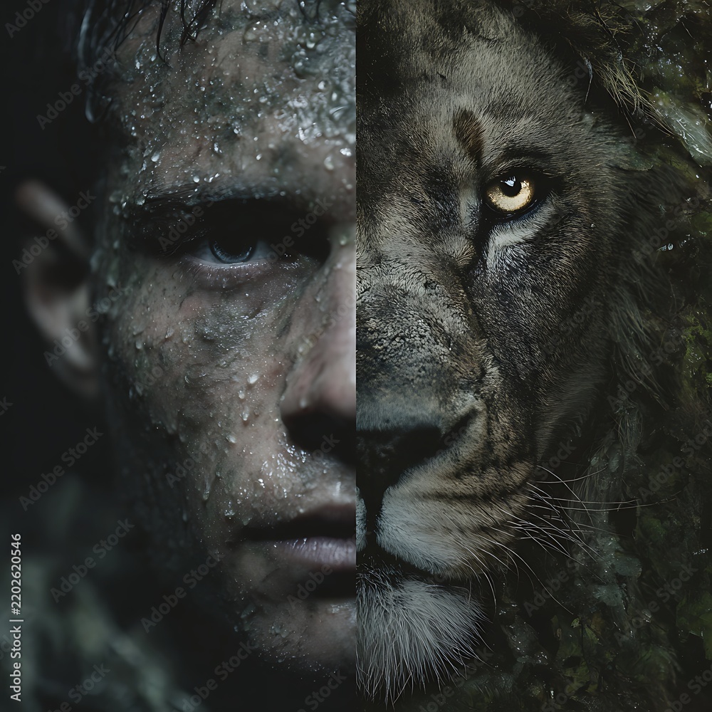 Fototapeta premium A striking split image of a man's face merging with a lion's face, symbolizing strength, courage, and primal instinct.