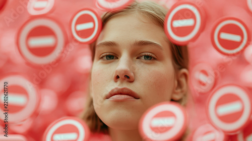 Teenage girl framed by blurred red no entry signs on a coral background. Denied access, online restriction and content blocked for minors