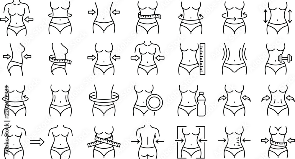 Obraz premium Weight Loss Slim Body Waistline and Female Fitness Measurement Outline Icons Vector SetWeight Loss Slim Body Waistline and Female Fitness Measurement Outline Icons Vector Set