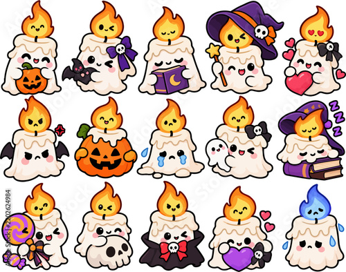Kawaii Halloween Candle Ghost Sticker Set – Cute Spooky Chibi Ghosts