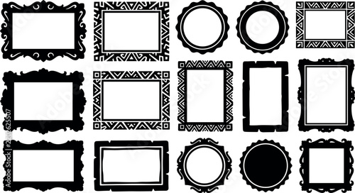 Vintage Ornate Picture Frames Silhouette Set Antique Photo Borders Tribal Geometric Badges Clipart Vector Illustration