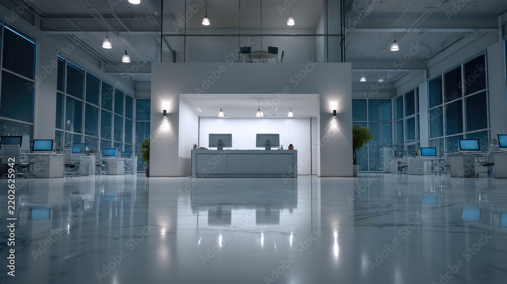 Obraz premium Modern minimalist office interior with large windows, marble floor, computer desks, and bright lighting at night