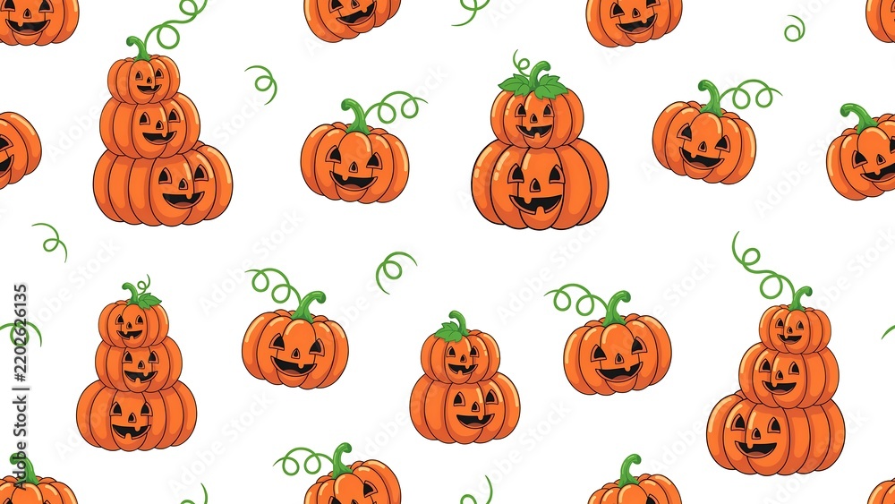 Fototapeta premium Seamless pattern of cute cartoon jack o lanterns with smiling faces on a white background