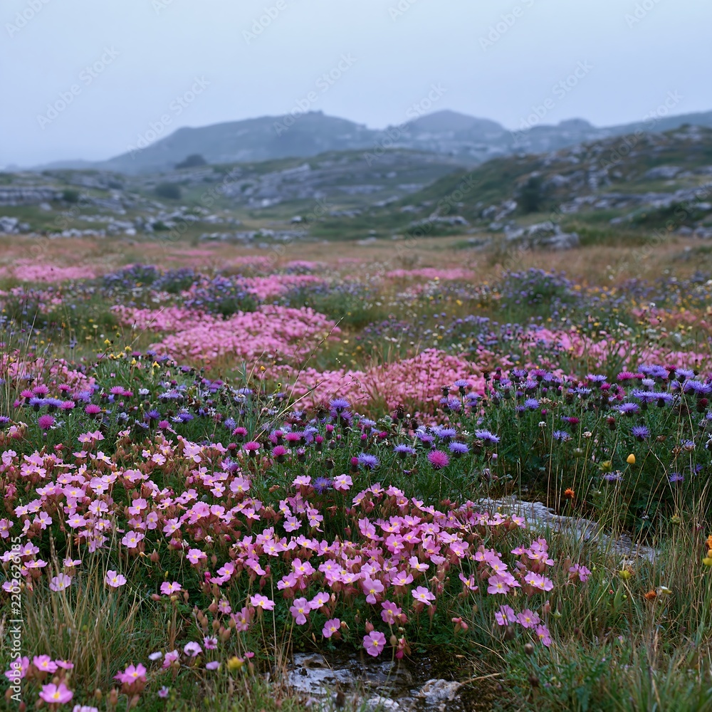 Fototapeta premium Cloudy limestone wildflower meadow in spring