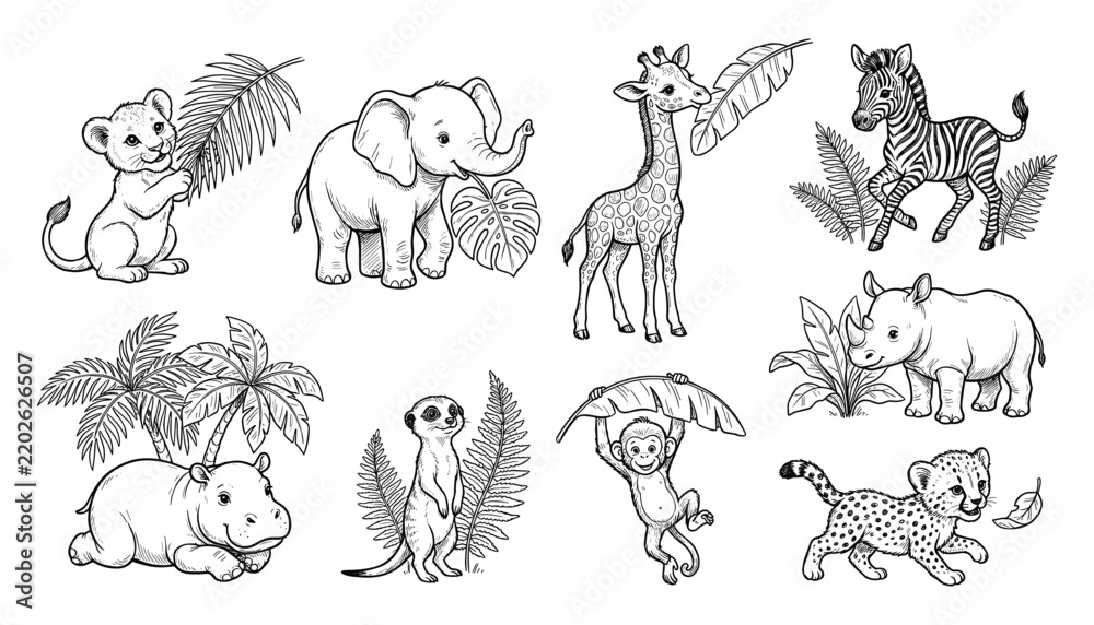 Fototapeta premium Hand Drawn Jungle Animal Collection with Koala, Elephant, Giraffe, Zebra, Rhino, Sloth, Leopard and Tropical Wildlife Illustrations