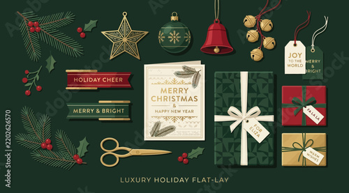 Luxury holiday flatlay collection with christmas ornaments, gift boxes, pine branches, and gift tags on a dark green background