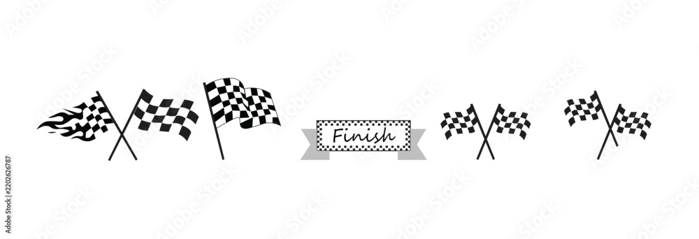 Obraz premium Chequered Flag Set Racing Finish Line Crossed Flags and Flame Vector Illustration