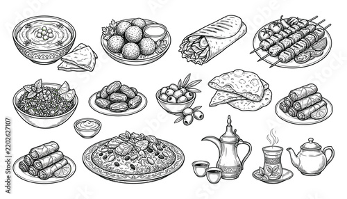 Hand Drawn Middle Eastern Food Collection with Hummus, Falafel, Kebab, Shawarma, Flatbread, Rice Dishes, Tea and Traditional Cuisine