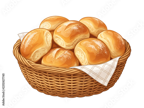 Golden bread rolls nestled in a woven basket with checkered cloth during daylight Isolated on transparent background