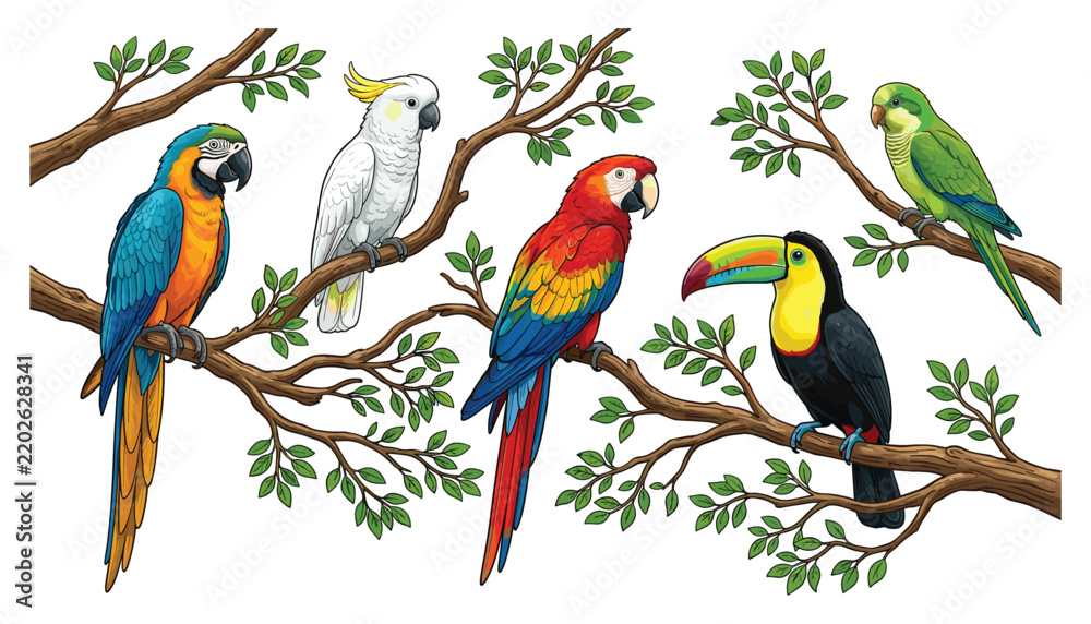 Obraz premium Exotic Tropical Birds Vector Set featuring Blue Macaw Cockatoo Scarlet Macaw Toucan and Parakeet Perched on Tree Branches for Wildlife Graphic Design