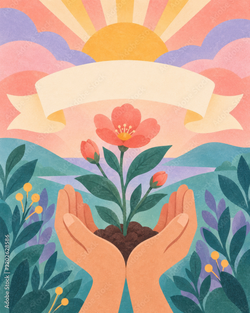 Obraz premium Illustration of hands protecting a flowering plant growing from soil, surrounded by leaves and flowers beneath a sunrise and blank ribbon banner.