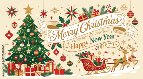 Vintage christmas greeting card with decorated fir tree, presents, and santas sleigh with reindeer, elegant holiday illustration with festive ornaments and stars on a cream background
