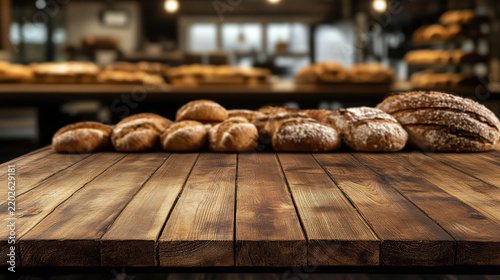 Fresh artisan bread loaves on a rustic wooden counter in a warm bakery interior