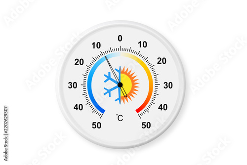 Circular celsius scale thermometer on a white background with soft shadow. Ambient temperature minus 9 degrees celsius