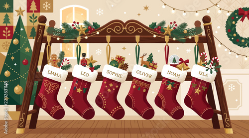 Christmas stockings hanging on a wooden rack with personalized names, festive decorations, a christmas tree, and a wreath in a cozy indoor holiday setting
