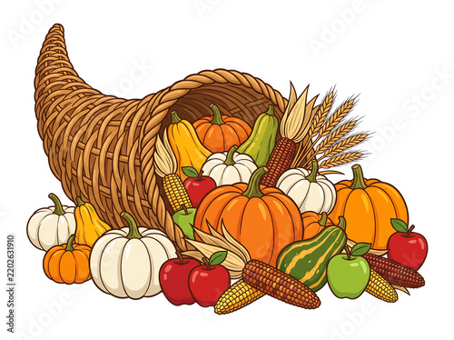 Thanksgiving cornucopia horn of plenty with pumpkins, gourds, apples and wheat vector illustration   