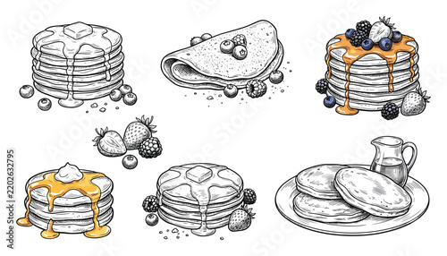 Vintage Hand Drawn Pancake Breakfast Collection with Syrup Butter Berries Crepes and Homemade Dessert Food Vector Illustration