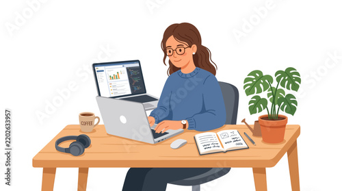 Young woman working on laptop at her comfortable home office desk.