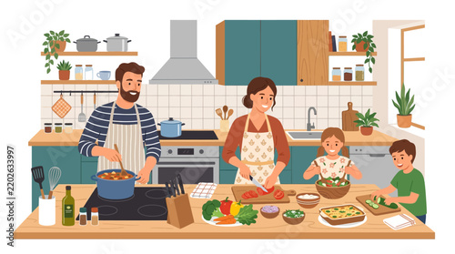 Family cooking together in a bright, modern kitchen.