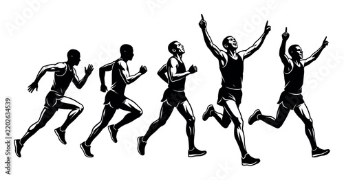 Running and athletics vector illustration with runners and raised arms for branding in monochrome style